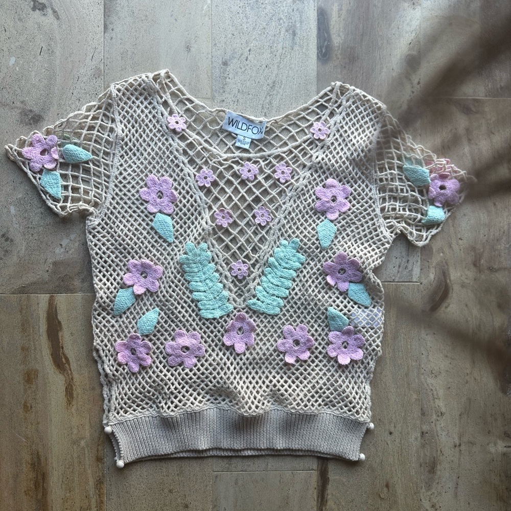 Wildfox Beige Crochet Top with Lavender and Mint Accents